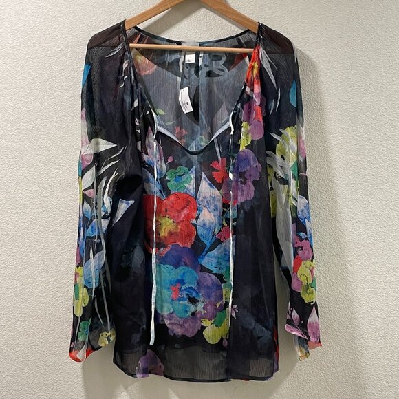 CJ Banks Tops - (NWT) CJ BANKS Style#2SAS Sheer Floral Bell Sleeve Top, Black/Red/Green - 1X